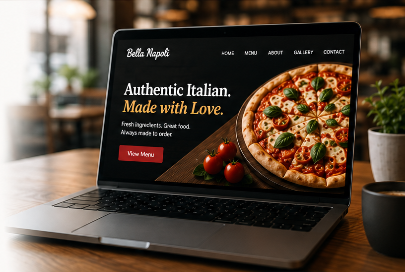 Restaurant website preview displayed on a laptop